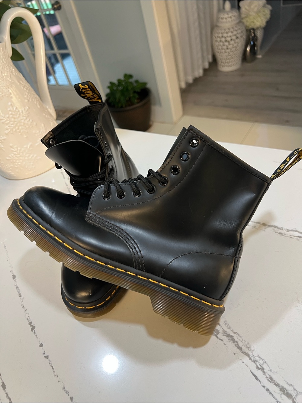 Dr. Martens 1460 Black Leather 8-Eye Lace-Up Boots with Yellow Stitching